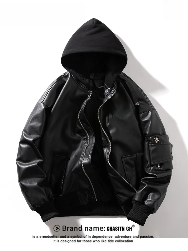 

American Sle Men's Spring New Faionable Thin PU Leather Jaet with Hood Motorcycle ape Casual Outerwear for Couples