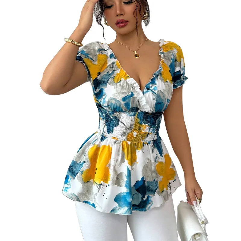 Tiefer V-Ausschnitt Tie Dye Slim Fit irt Damen Urlaub Sle Casual Thi Polyester Frühling Sommer Herbst Lange Sve Bluse