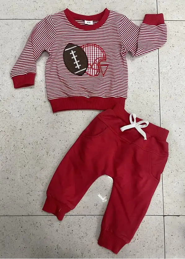 

Toddler Boy Fall Clothes Football Embroidery Stripe Long Sleeve Pullover Elastic Waist Solid Pants 2Pcs Outfit