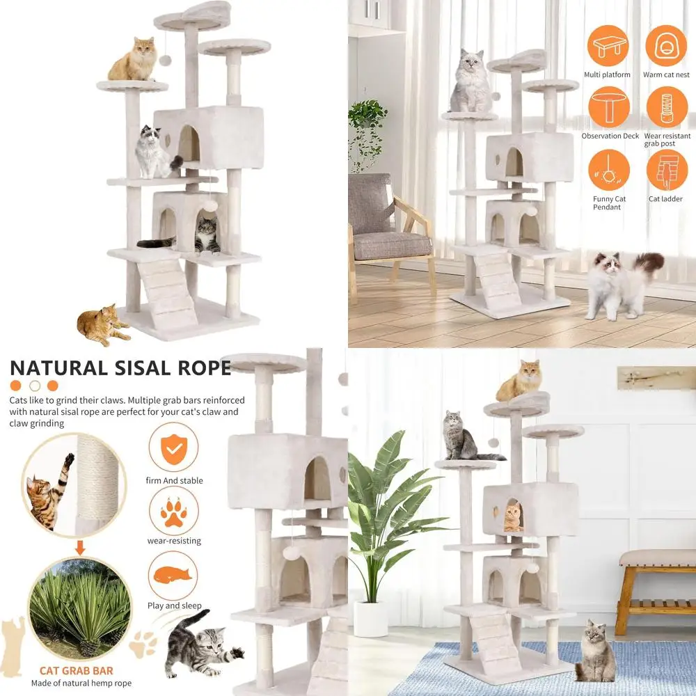 

BestPet | 54" Cat Tree Tower | Beige | Sturdy, Easy to Assemble, Multi-Level Activity Center with Sisal Scratching Posts, Condos