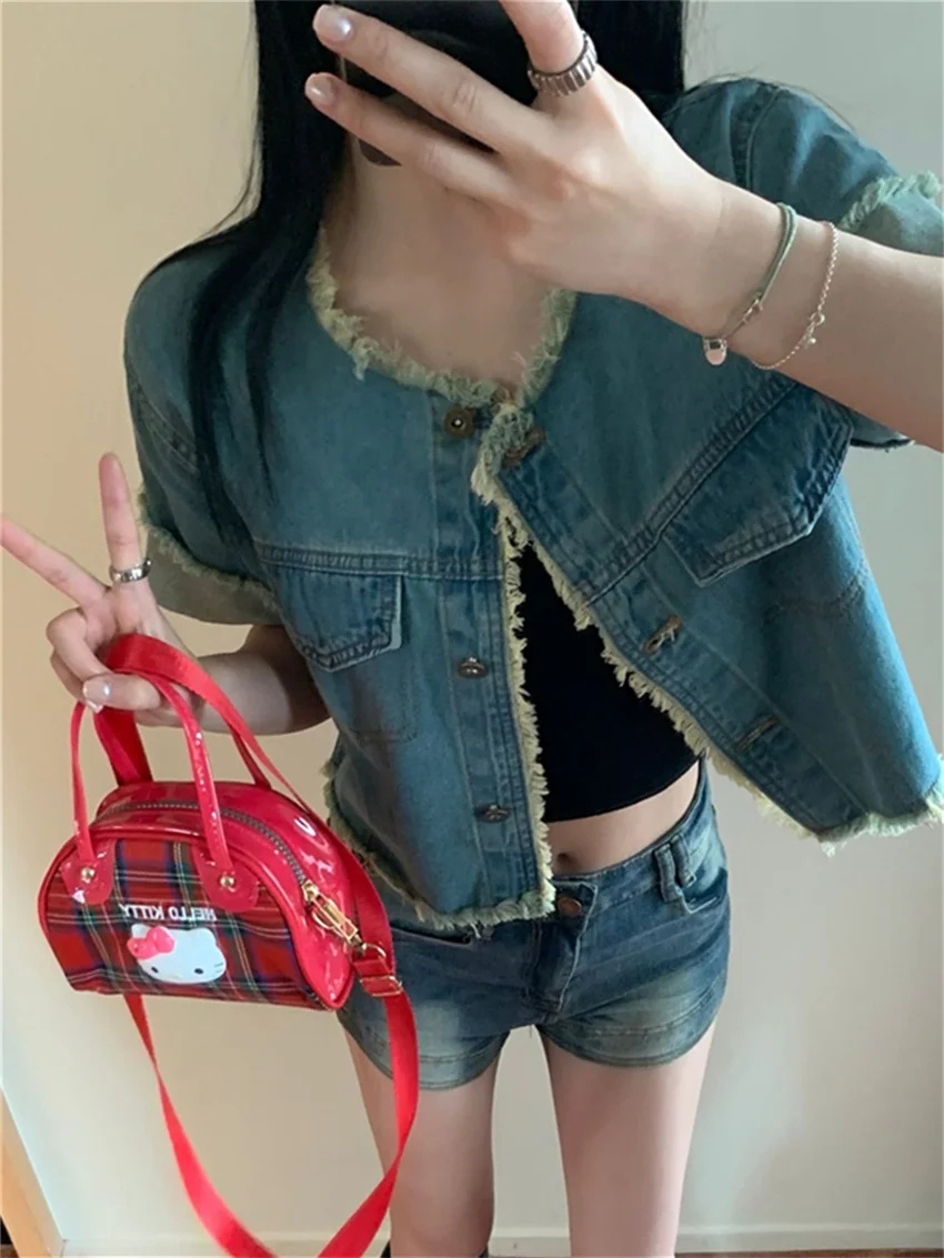 Alien Kitty Jeanswear Daily Jackets Vintage Tassel Short Sleeve Coats Women Retro Denim New Summer Casual All Match Office Lady