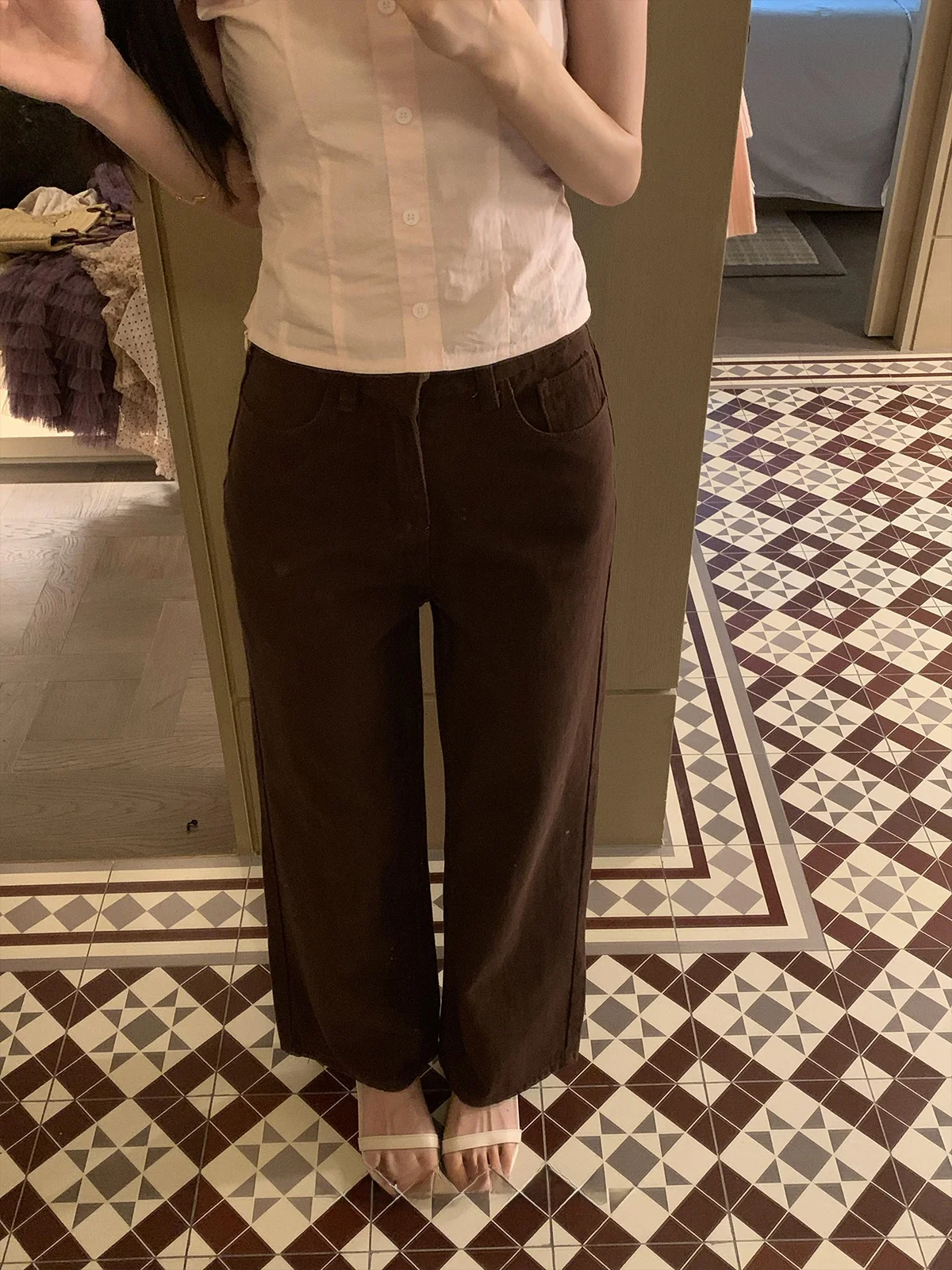 

Коричневые повседневные брюки UVPU для женщин: весенне-летние прямые брюки для офиса, стройнящие, визуально удлиняющие силуэт, женские повседневные брюки