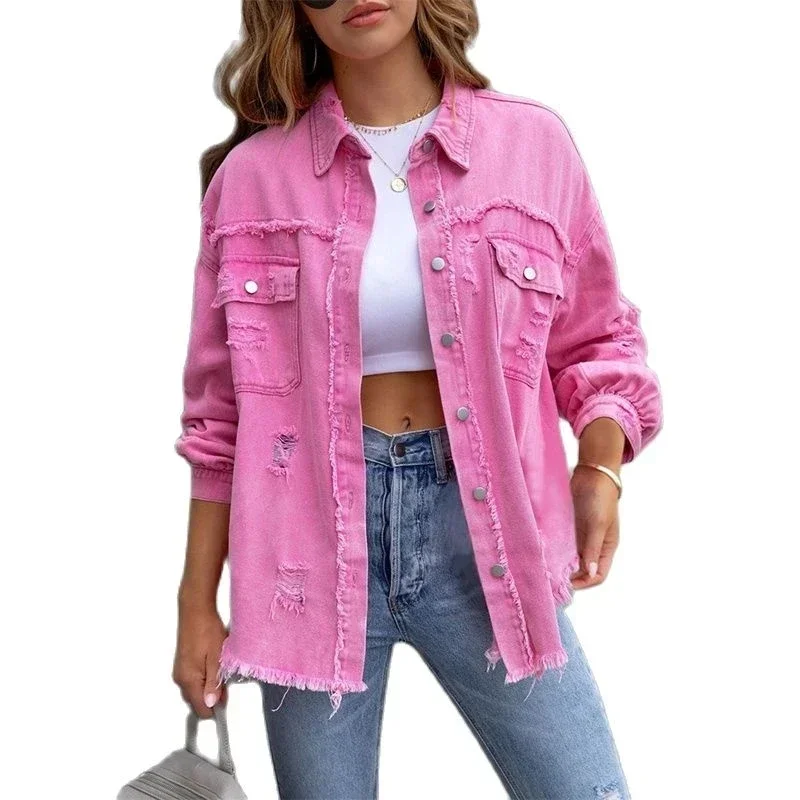 Women Shirt Style Jean coat Holes Raw-edges Denim Jacket New Casual Top Rose-Red Orange Purple Outerwear Lady Coat XQ857