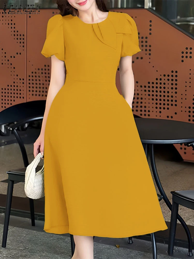 2025 été bureau travail robe ZANZEA femmes élégantes une ligne robes à manches courtes bouffantes solide fête robes élégant Midi robe d'été