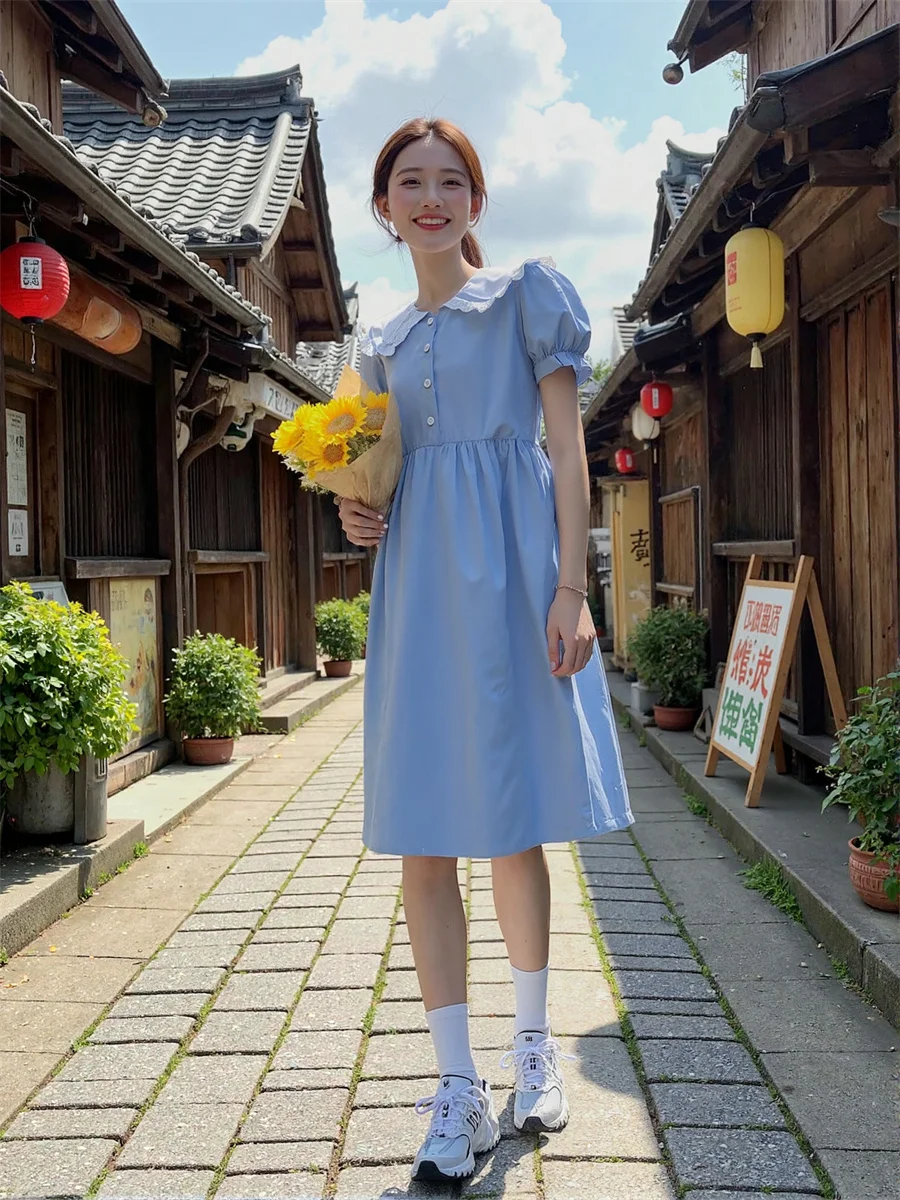 فساتين نسائية غير رسمية على الطراز الياباني من القطن والكتان والبوليستر رايون والحرير والساتان والشيفون والشاش والتول الشبكي نسيج كوبرو مشروط #1