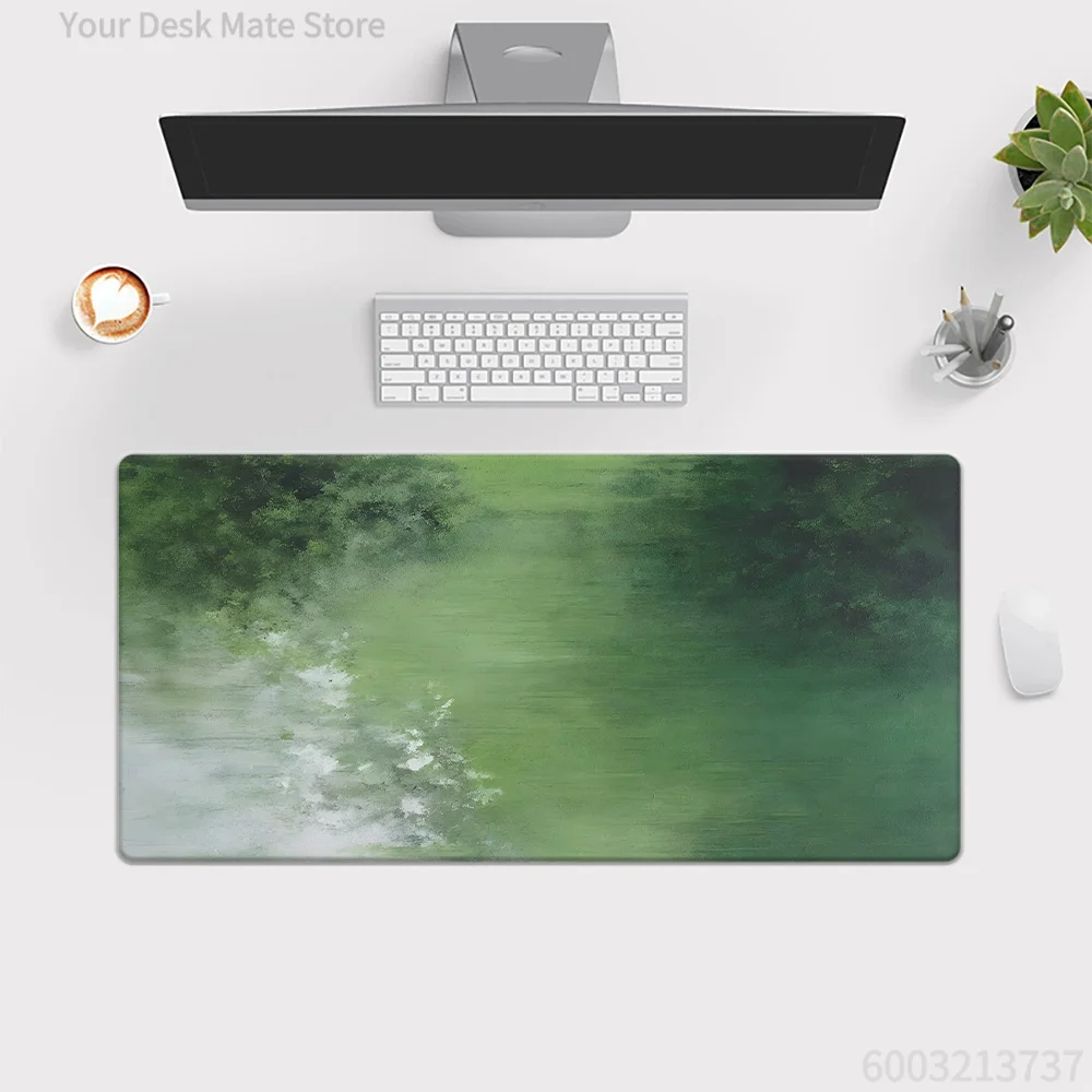 Starry Sky Forest Green Leaves Desk Pad, Nature Inspired Extended Mousepad, Non‑Slip Rubber Base Waterproof Keyboard Mat for PC