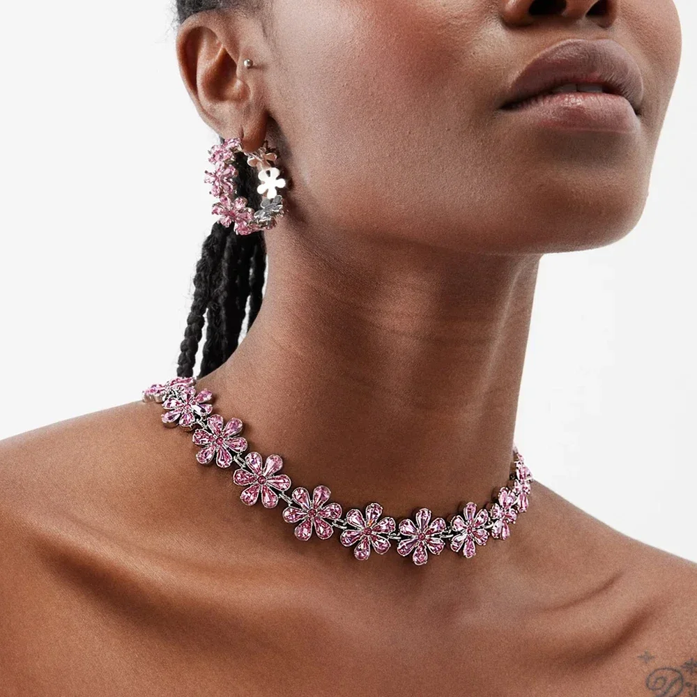 Stonefans Pink Crystal Flowers Choker Necklace Statement Accessories Fashion Women Rhinestone Collar Necklace Clavicle Jewelry