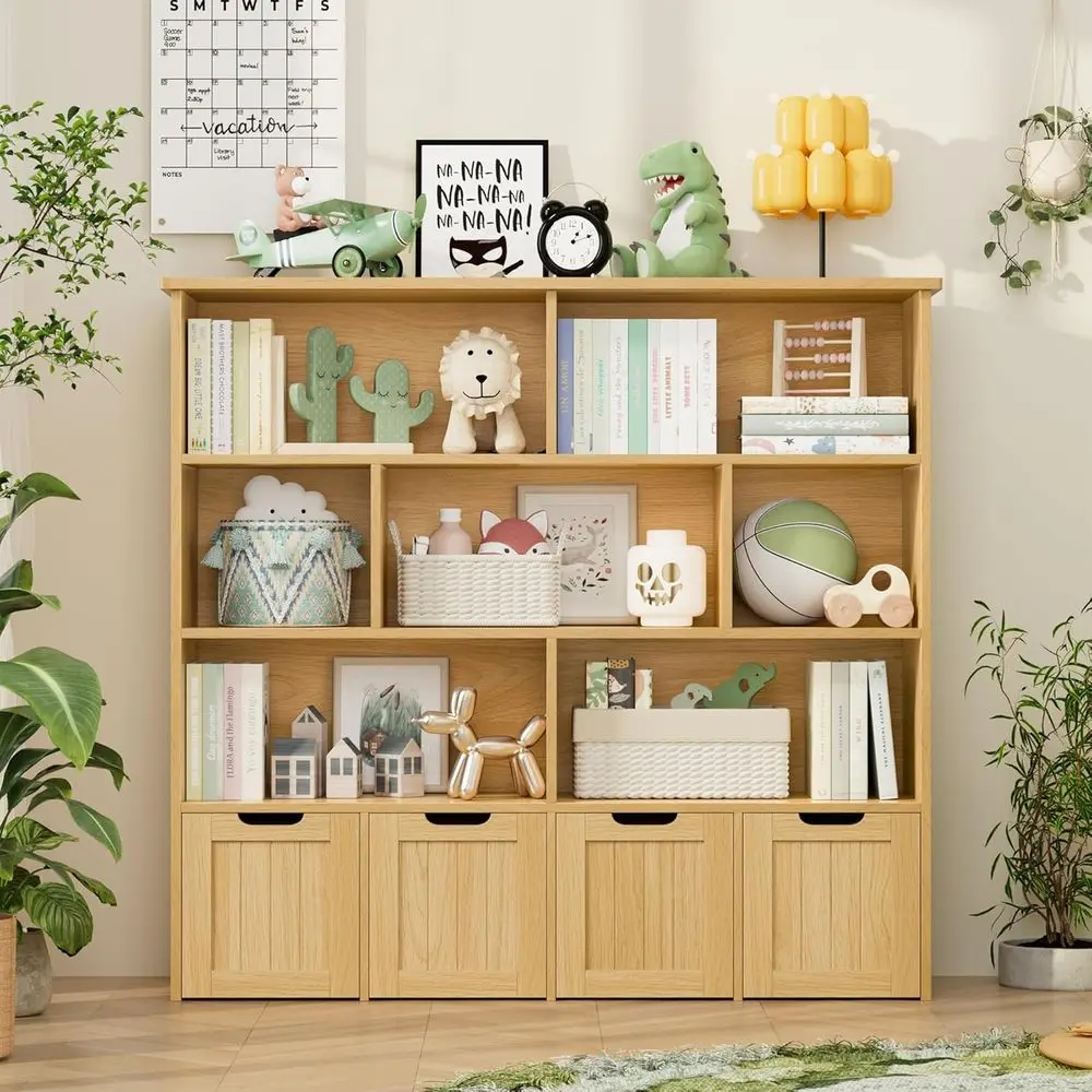 

Children's Bookshelf with 4 Rolling Chests and 7 Storage Cubes, Natural Wooden Toy Organizer with Wheels