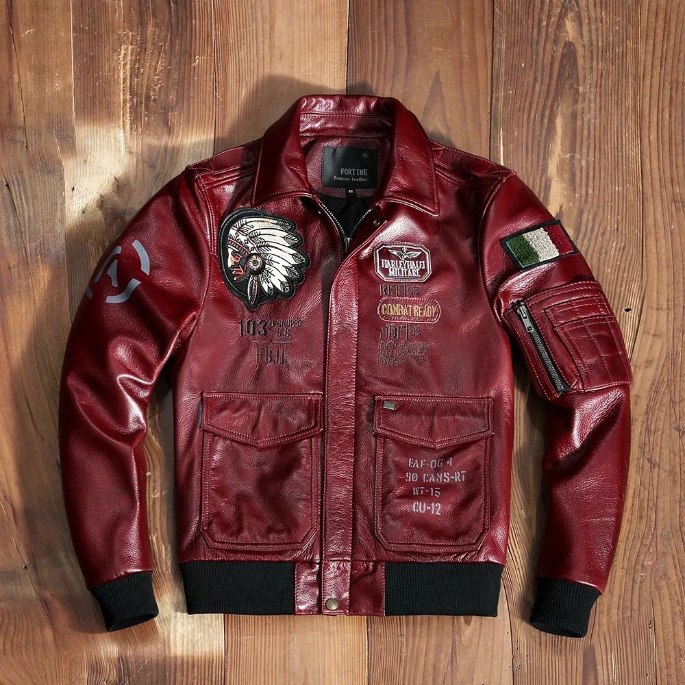 Flight A2 Pilot Indian Cow Leather Motorcycle Wine Red Jacket 100% Cowhide Embroidery Men's Aviator Jacket Bomber Male Clothing