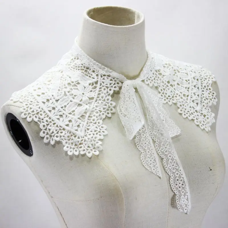 S1Y1 European Pastoral Womens for Doll False Fake Collar Hollow Out Embroidery Floral Lace Half Shirt Shawl with Bowkno