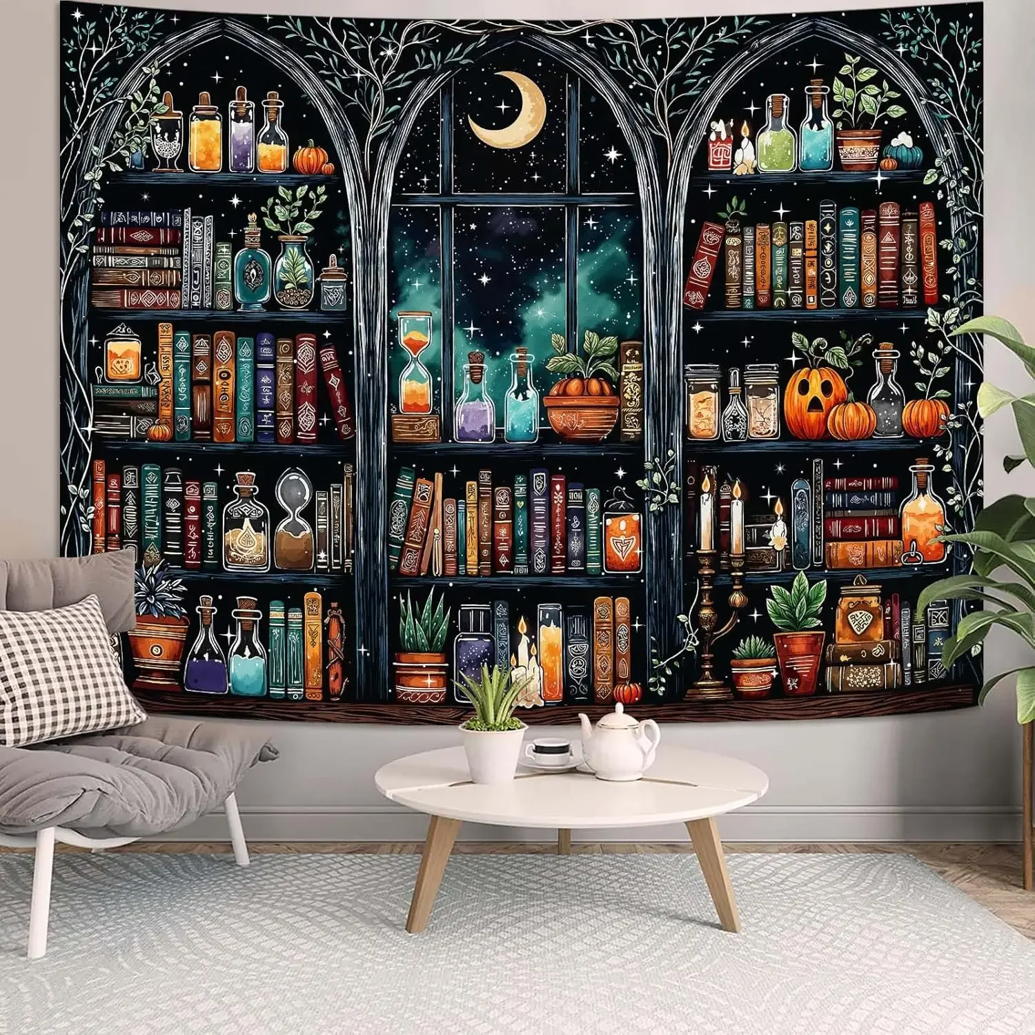 Magic Bookshelf Tapestry Gothic Witchy Potion Dark Academia Wall Tapestry for Bedroom Aesthetic Hippie Moon Pumpkin Library