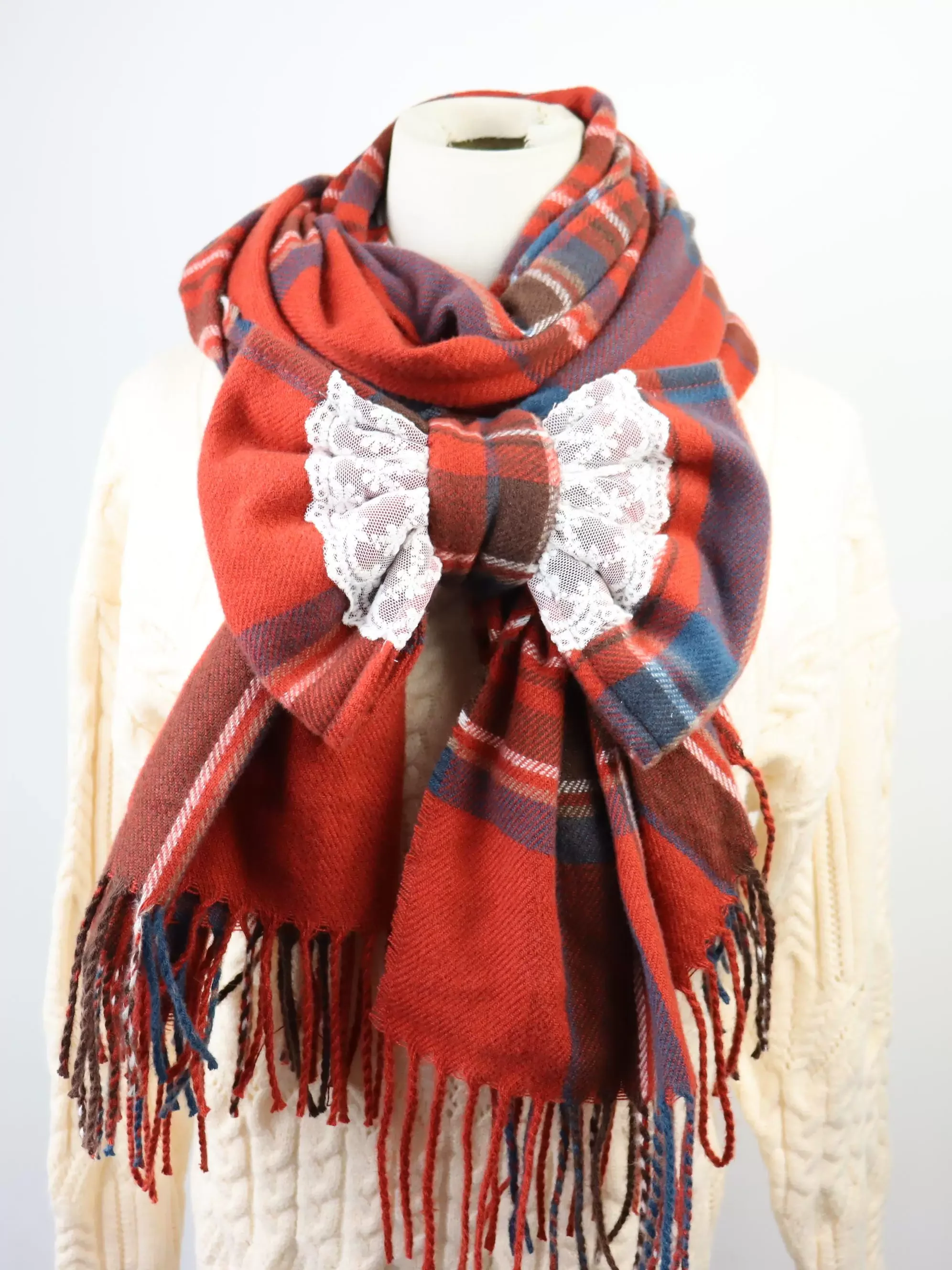 Japanese Style Sweet Burgundy Plaid Scarf Women's Autumn and Winter New Warm Big Bow Scarf Ladies Casual Versatile Lolita Scarf