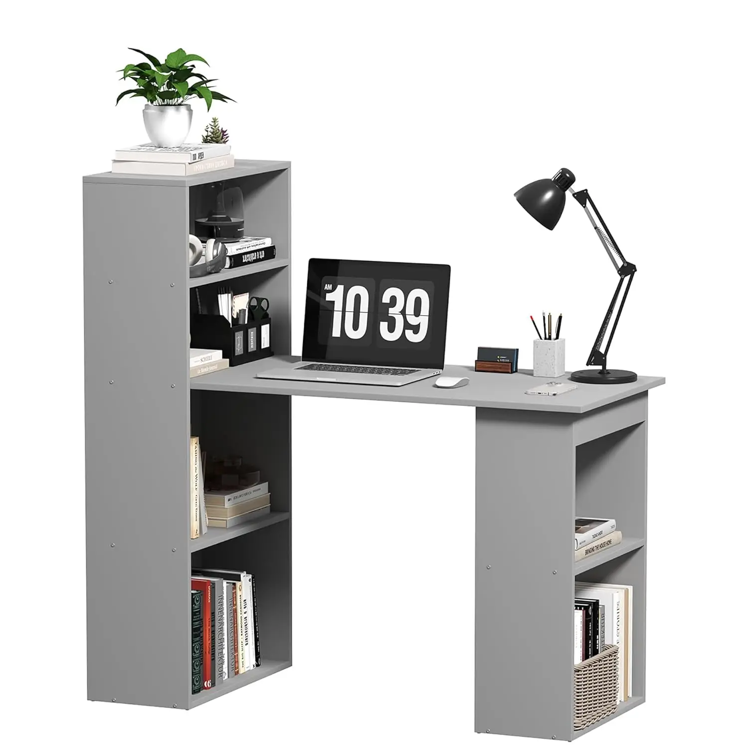 

Modern Home Office Desk With 6-Tier Storage Shelves, 47" Writing Desk With Bookshelf, Graycomputer Desk