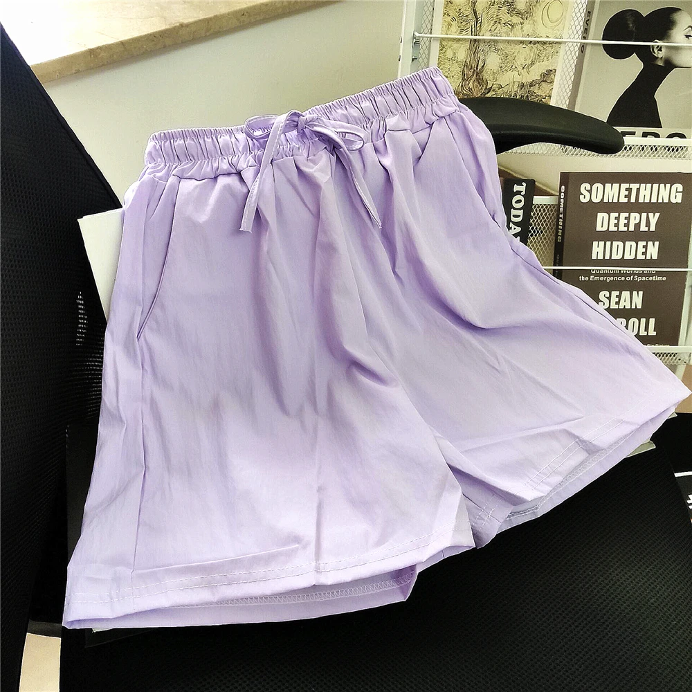 

Летние тонкие шелковые брюки-шорты цвета таро, женские повседневные брюки с высокой талией и широкими штанинами, быстросохнущие спортивные брюки-юбка, домашняя одежда