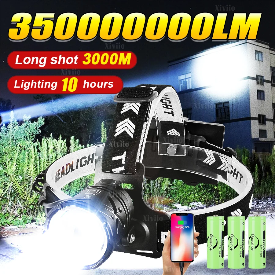 

35000000LM супер яркая фара высокой мощности светодиодный налобный фонарь Usb перезаряжаемый масштабируемый налобный фонарик для рыбалки и охоты налобный фонарь