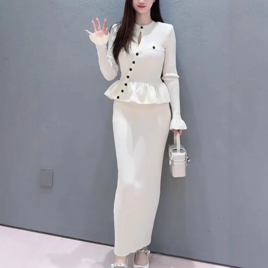 Ele Gebreide Lange Sve Dr Ivory High-End Versie Commute Ci Dames Faion Straight Cut A-lijn Dr Enkele Knop