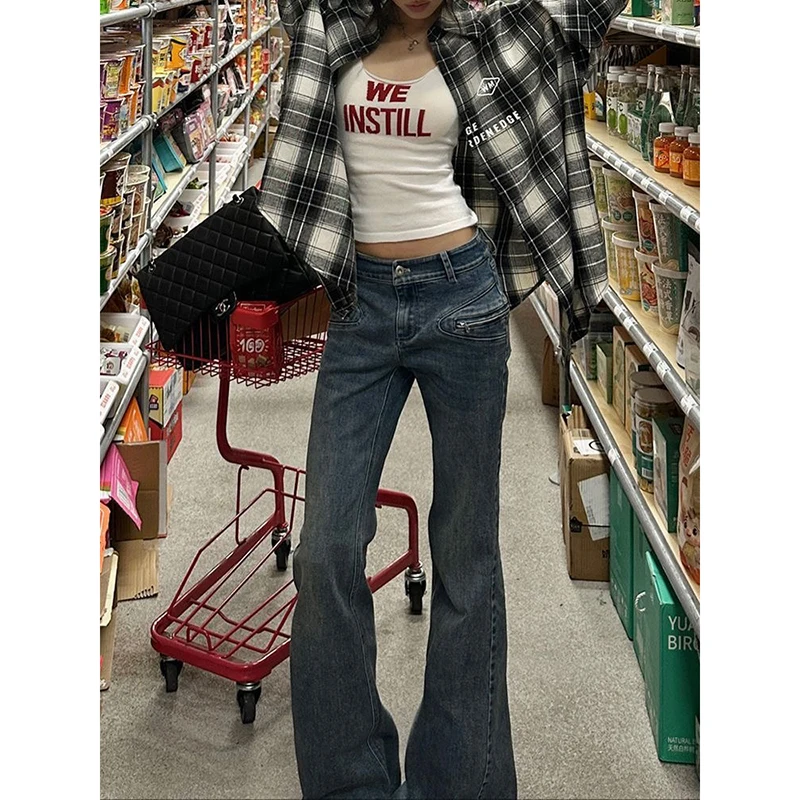 Blaue Röhrenjeans Damen Harajuku Vintage Y2k Denim Hose American 2000er Jahre Stil Emo Oversize Jeans Lange Hosen Kleidung Herbst