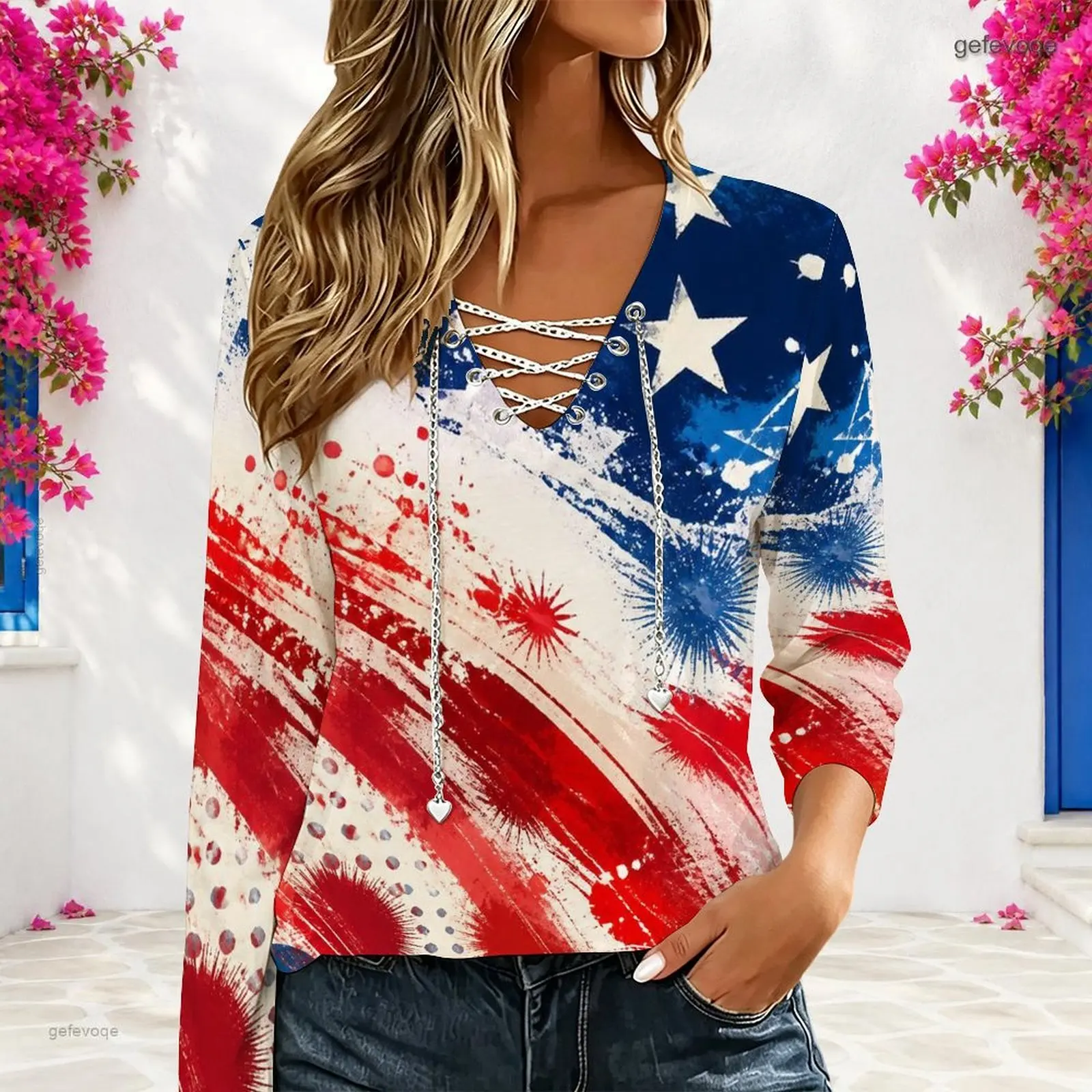 Women Navy Blue Starry Glitter Spot Printed V Neck Long Sleeve Top with Chain Lace Up Detail - view 2