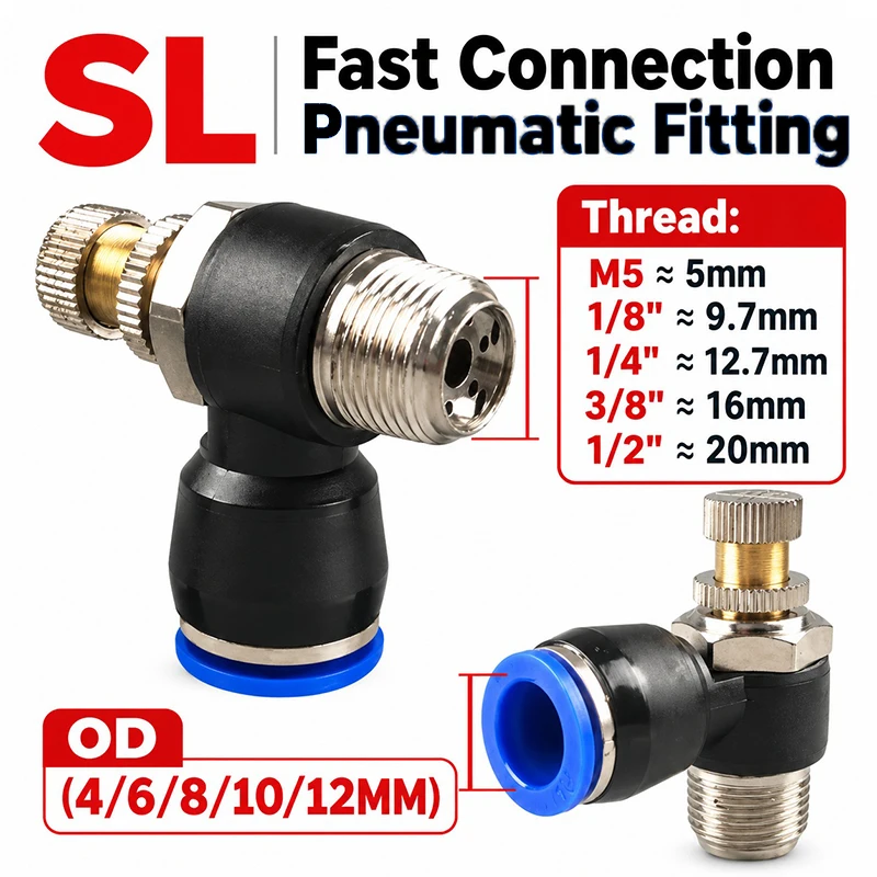 5PCS SL Pneumatic Air Speed Controller Valve 4/6/8/10/12mm M5 1/8 1/4 3/8 1/2 Quick Connection Throttle Valve Pneumatic Fitting