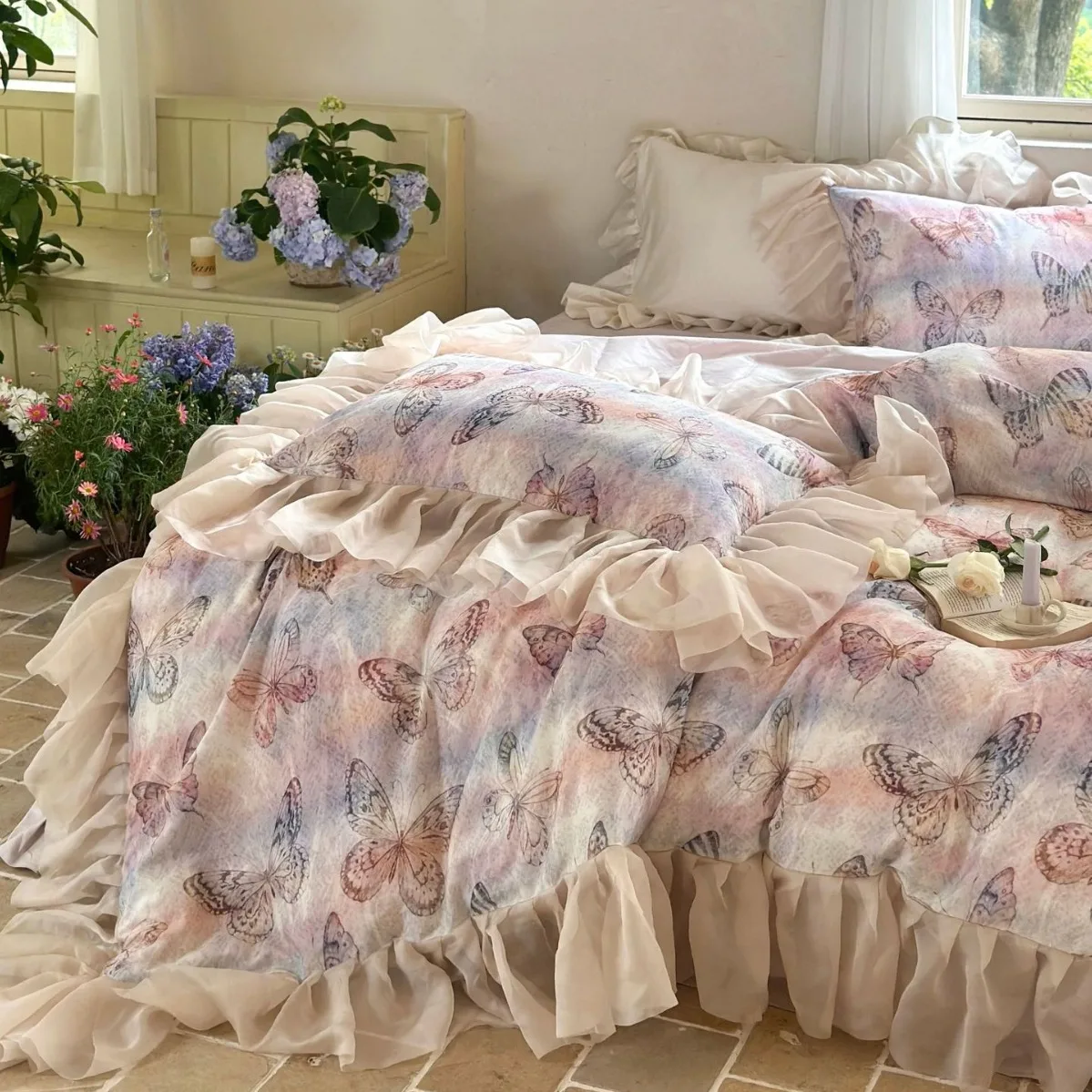 Pastoral style fairy lace orchid essence tencel cool feeling bed sheet silky nude sleeping digital printing bed four-piece set