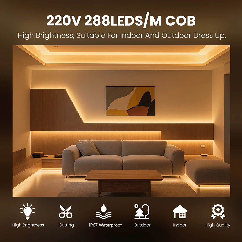 220v regulável cob led strip light ligar/desligar dimmer ip67 à prova dip67 água 288leds flexível lâmpada de néon decoração para casa plugue da ue branco natural quente