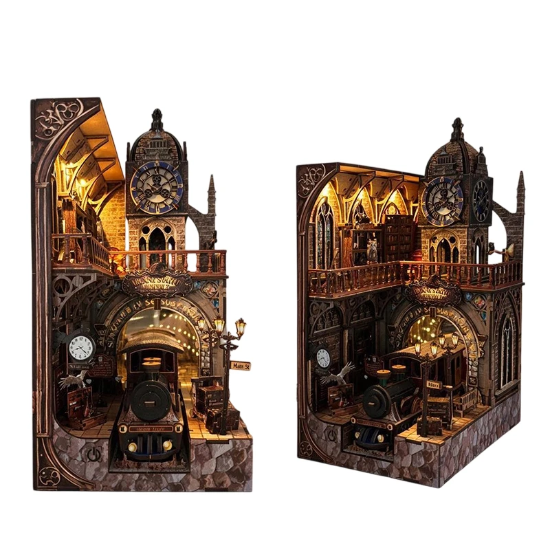DIY Wooden Book Nook Figurines Miniatures Train Station Clock Tower Bookend for Friends Birthday Gifts Home Decor Crafts