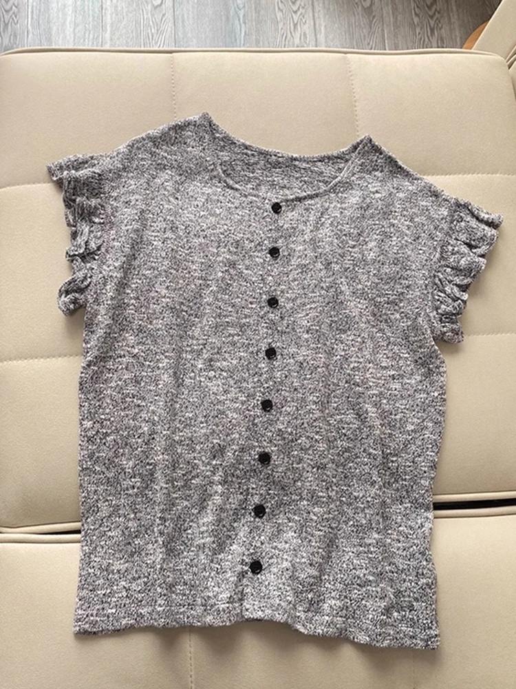 

Новый свободный кардиган из льняного шелка с воланами, однотонный, с коротким рукавом, визуально стройнящий, омолаживающий эффект