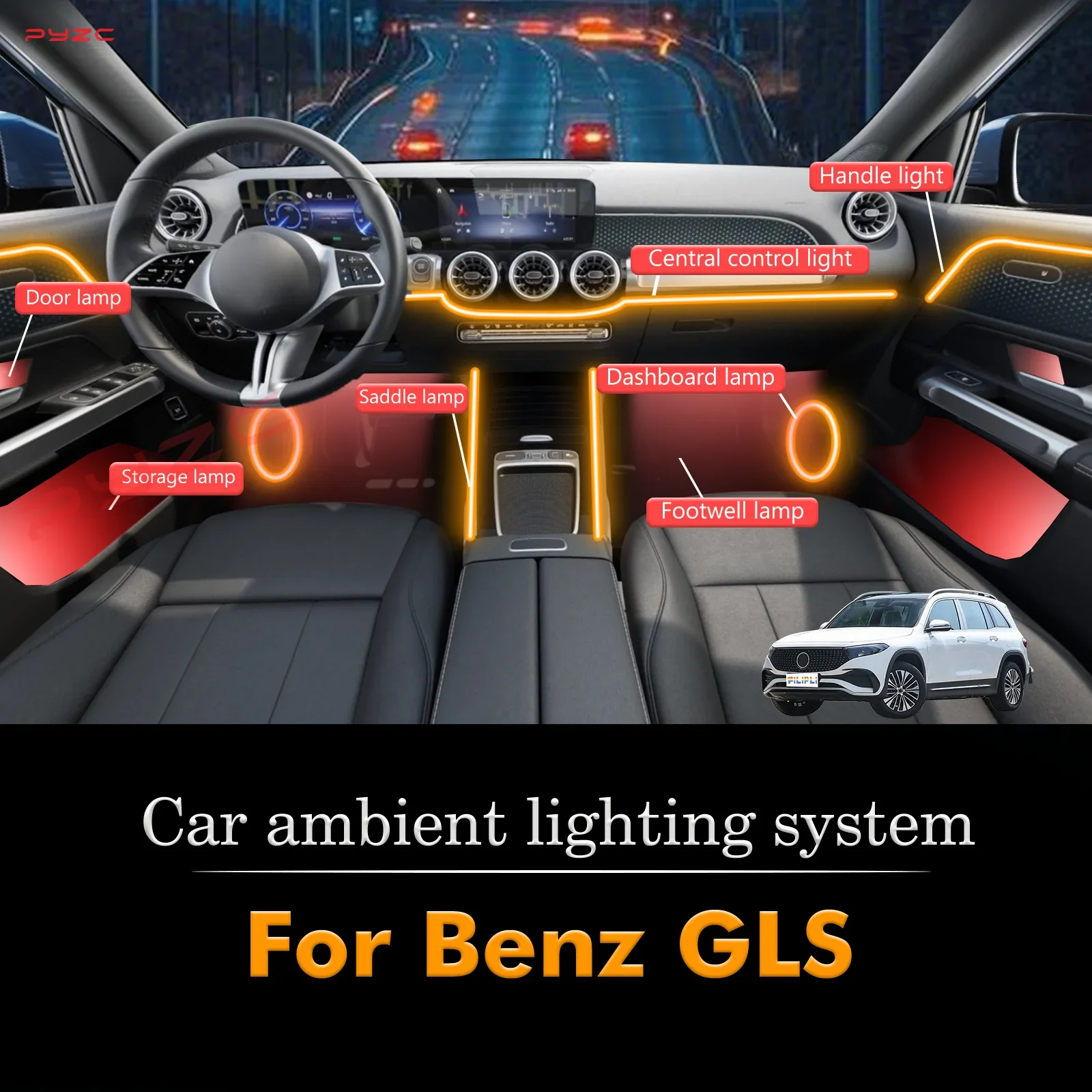 

For Benz GLS Car Interior Mood Ambient Light RGB 64-Color LED Smart Remote Control Atmosphere Lamp Energy Saving Kit