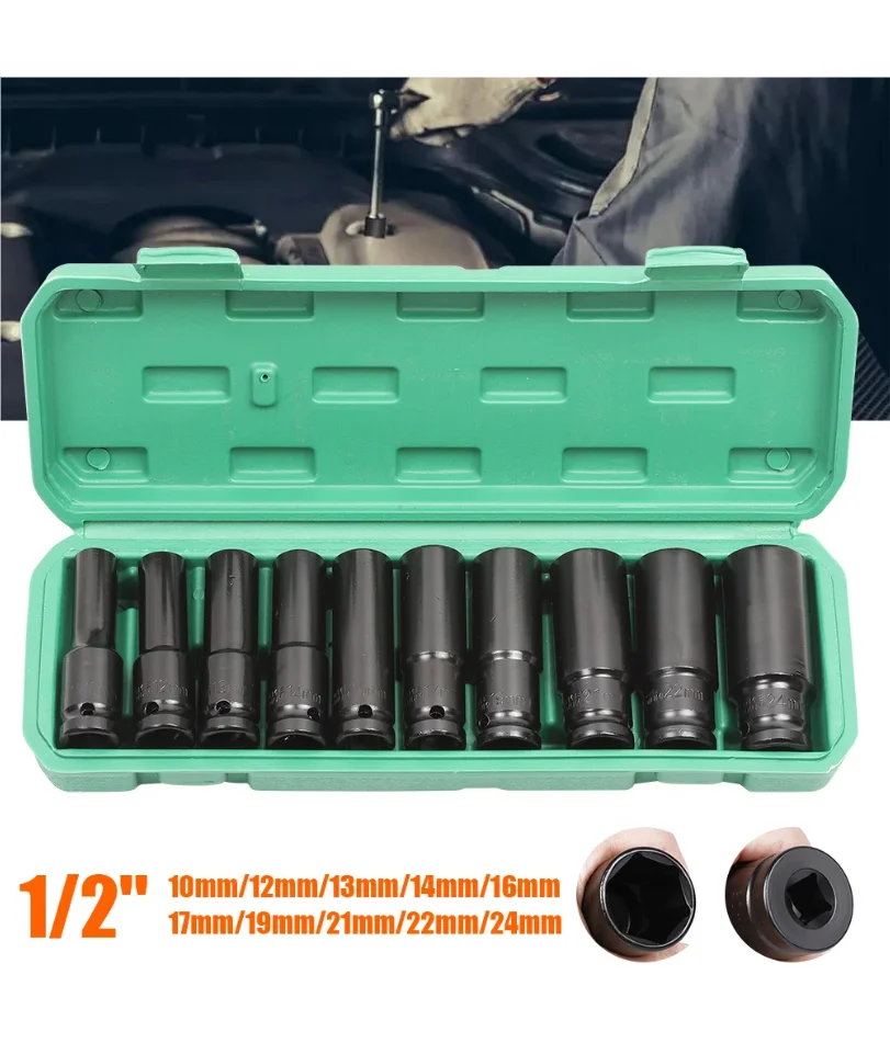 

10pcs Impact Socket Set 1/2” Metric Spanner Drive Deep Sockets 10-24mm Pneumatic Wrench Head Tire Removal Tools