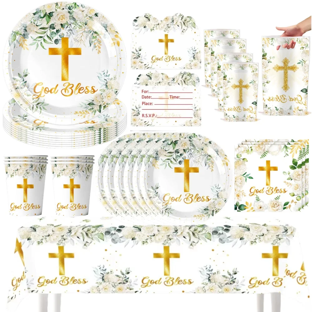Taufe Gottes Segen Partyzubehör Einwegteller Pappbecher Kreuz-Servietten Tischdecke Babyparty Heiliger Tag Kommunion Geburtstag