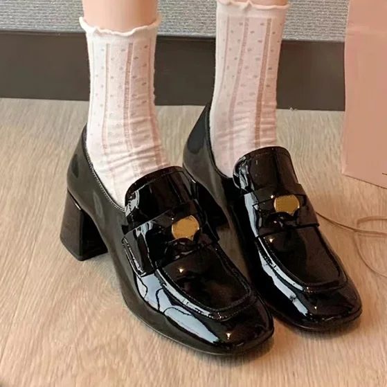 

Genuine Leather Gold Coin Thick Heel Loafers Women Square Toe Slip-On Black Patent Leather High Heels 5Cm/7Cm Fashion Pumps