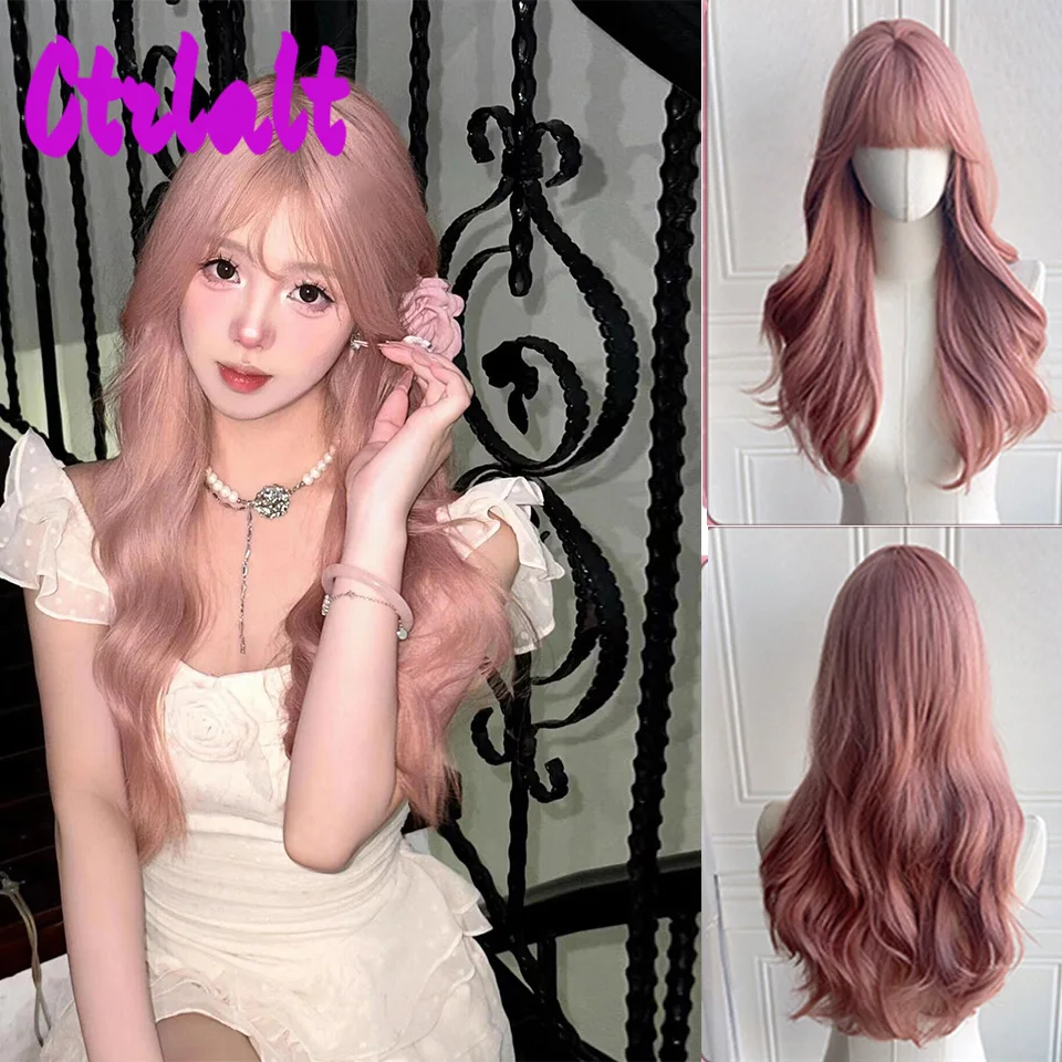 Wig sintetis merah muda untuk anak perempuan Wig Cosplay berombak panjang Wig manis lembut untuk penggunaan sehari-hari Wig Lolita merah muda