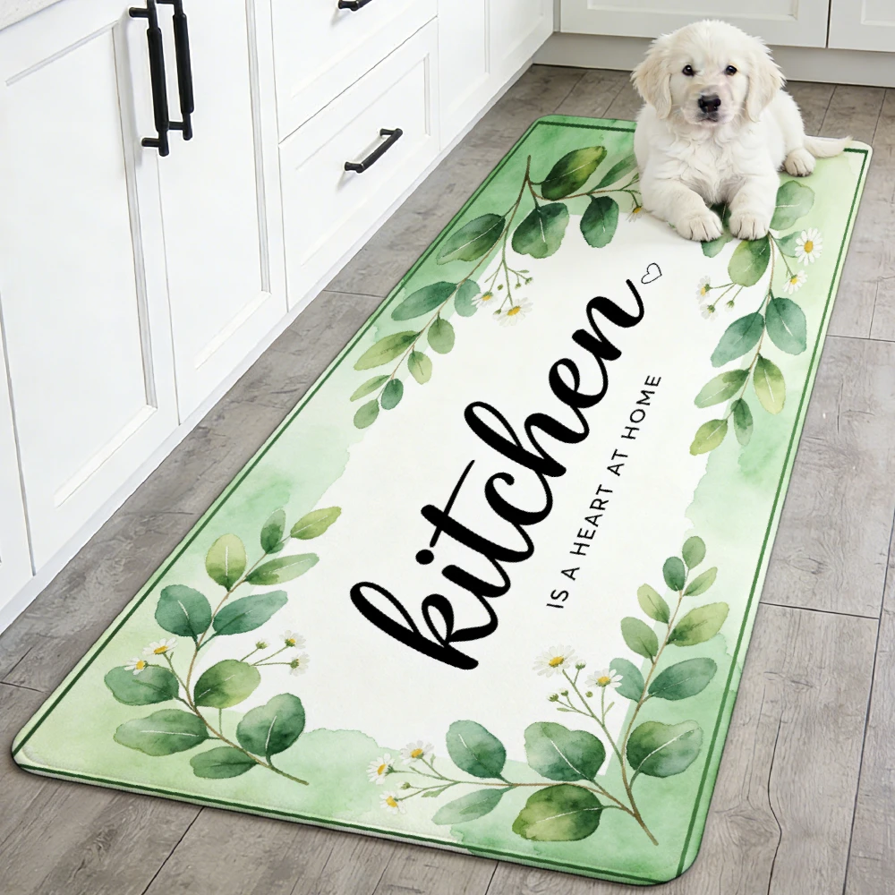 Fresh Eucalyptus Daisy Kitchen Letter Runner Rug on light watercolor green base,non-slip carpet for kitchen aisle entryway floor