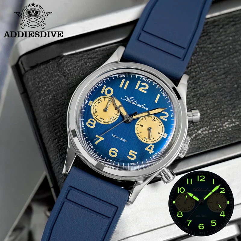 

ADDIESDIVE Fashion Men's Quartz Watches Super Luminous 100m Waterproof Wristwatch 38mm Bubble Glass Fluoroelastomer Strap Watch