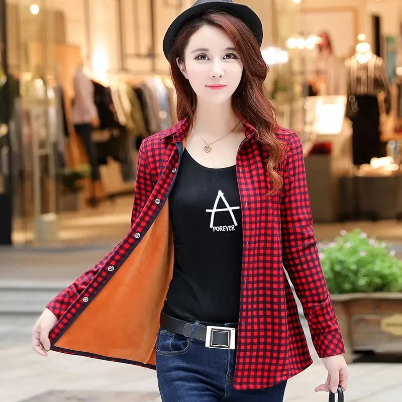 2025 New Velvet Shirt For Women Spring Autumn Winter Thickened Warm Checkered Shirt Single Breasted Shirt Jacket Outerwear Top