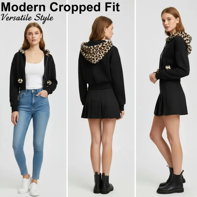 

Y2K Leopard Print Hooded Frayed Hem Loose Waist Cardigan Sweatshirt American Hot Girl Pom-Pom Color-Block Casual Versatile New