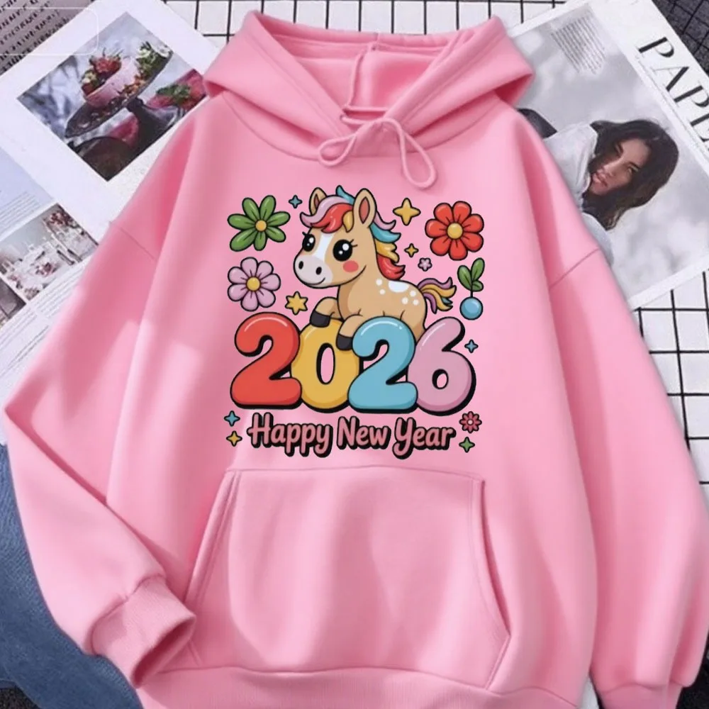 

2026, новогодний принт лошади, кавайный мультфильм, пастельный пони, унисекс, женская толстовка больших размеров, новые толстовки с капюшоном, милые топы с графикой