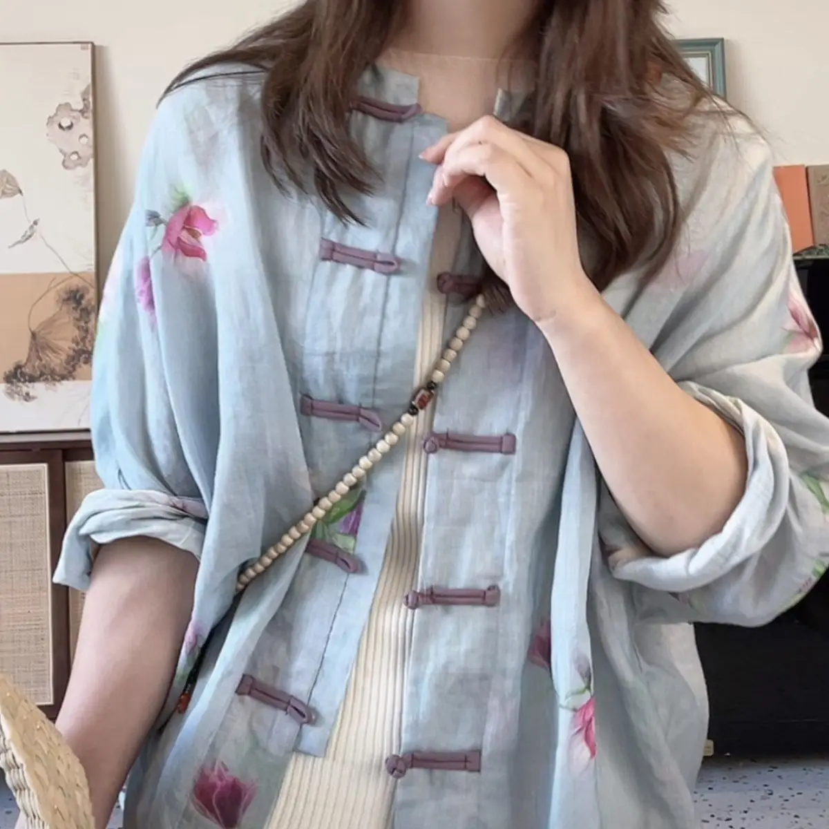 New Chinese Style Small Jacket Top Literary National Style Print Contrast Color Button Shirt Women