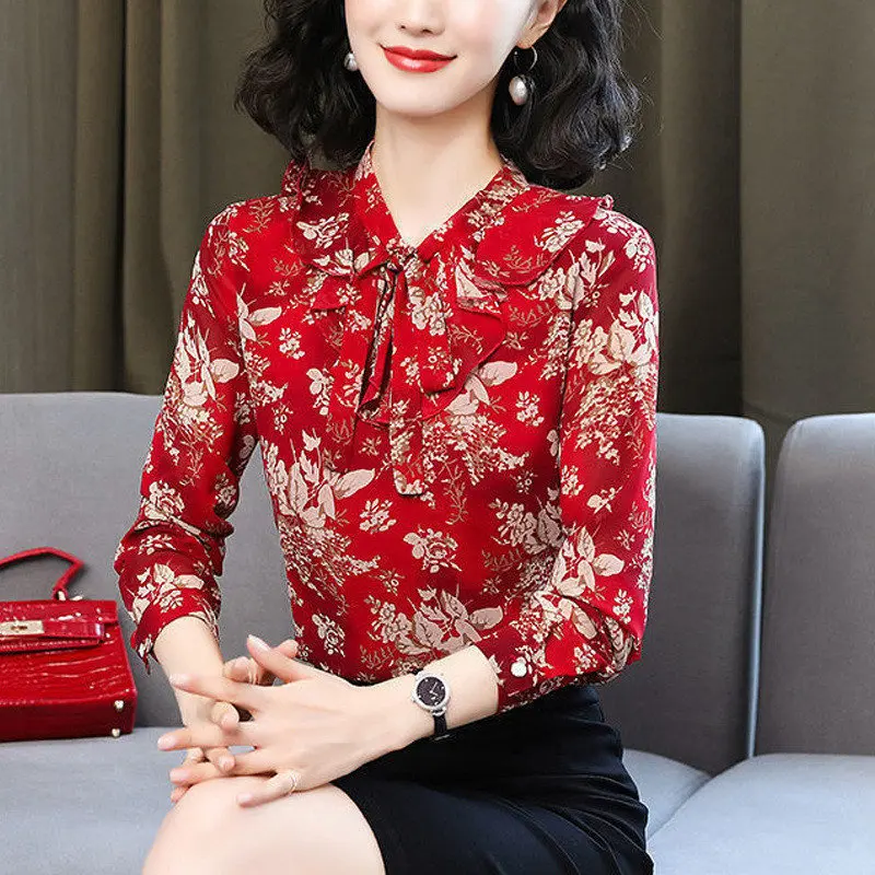Vintage Ruffle Lace Up Floral Print Elegant Chic Sweet Chiffon Shirts Women Spring Autumn Fashion Long Sleeve Commute Blouse Top