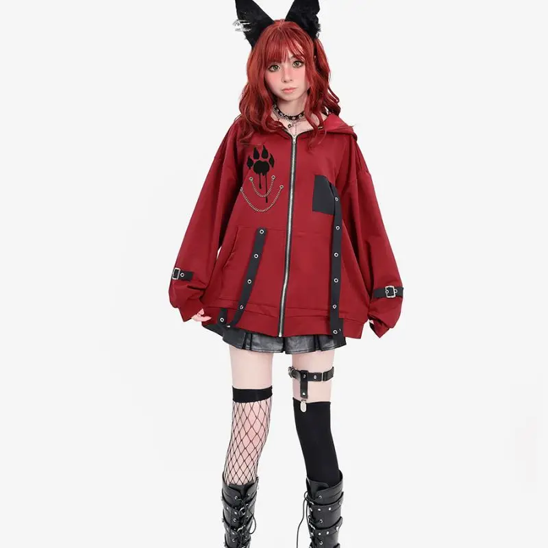 Gothic Clothes Cool Girl Red Cardigan Coat Student Asian Culture Punk Sweet Y2K Loose Hooded Sweatshirt Female Harajuku Clothing