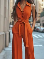 Yeezzi Women Commuter Tied Waist Lapel Jumpsuits High Waisted Sleeveless Buttoned Pockets Urban Casual Straight One-piece Pants - Image 3