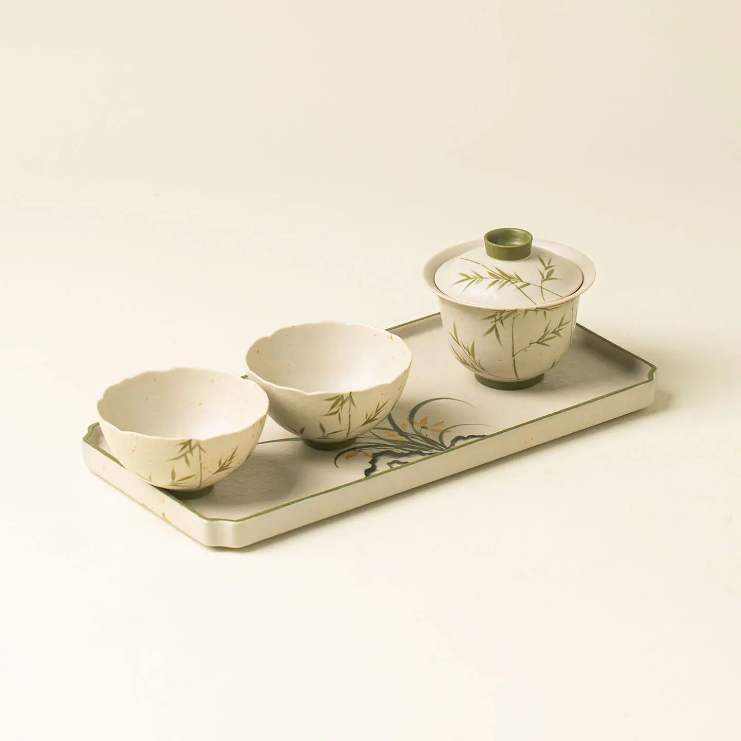 Chinese Tea Maker One Bowl and Two Cups Bamboo Travel Tea Set Underglaze Colored Cover Bowl Magnolia Cup Dry Brewing Small Set