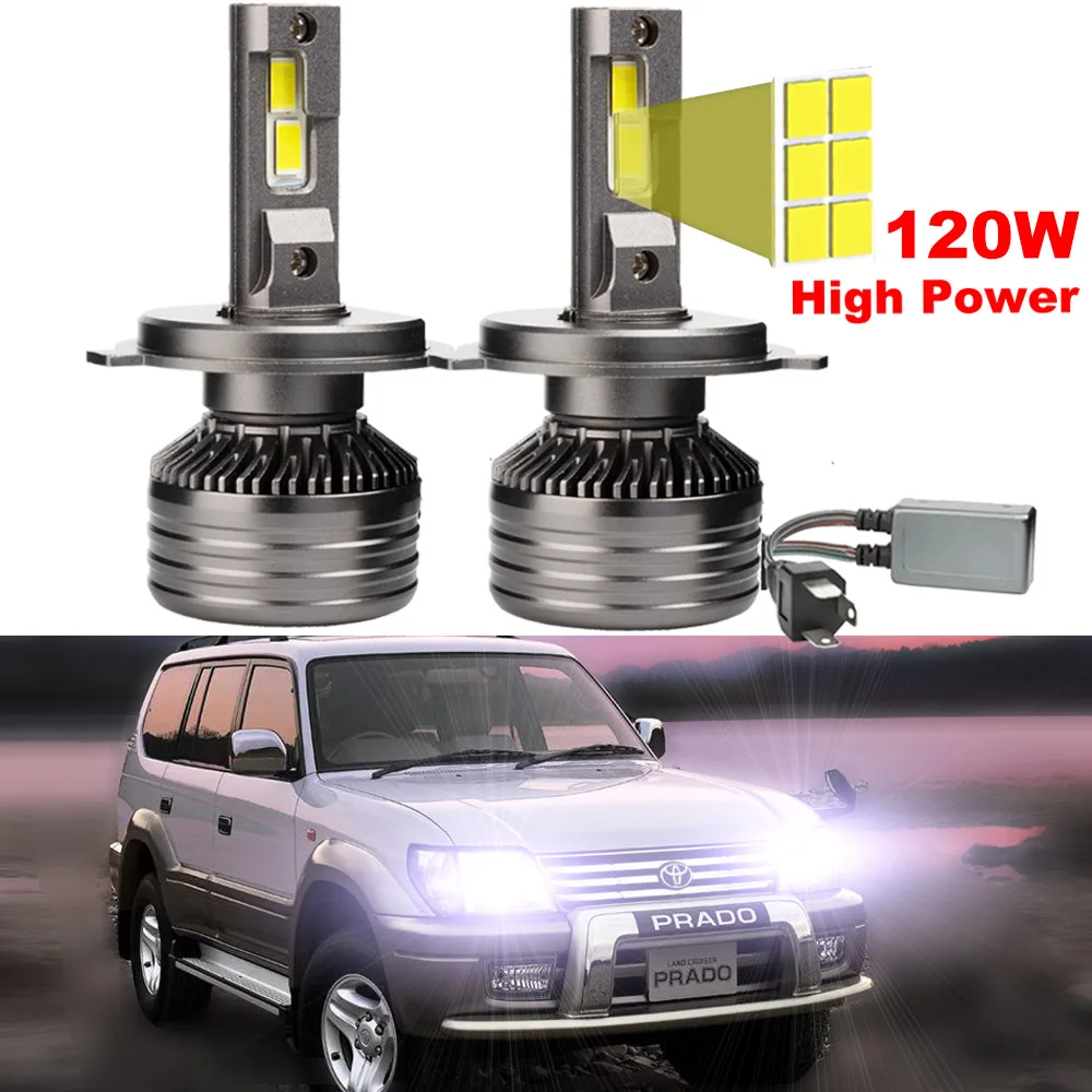 2Pcs 120W Led Headlight Bulbs For Toyota Prado 90 Series 1996-2002 Canbus High Low Beam 6000k Super Bright