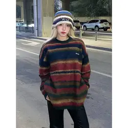 Skinny and Lazy Style Contrasting Color Round Neck Sweater for Women New Trendy Retro Loose Striped Knit Sweater Trend