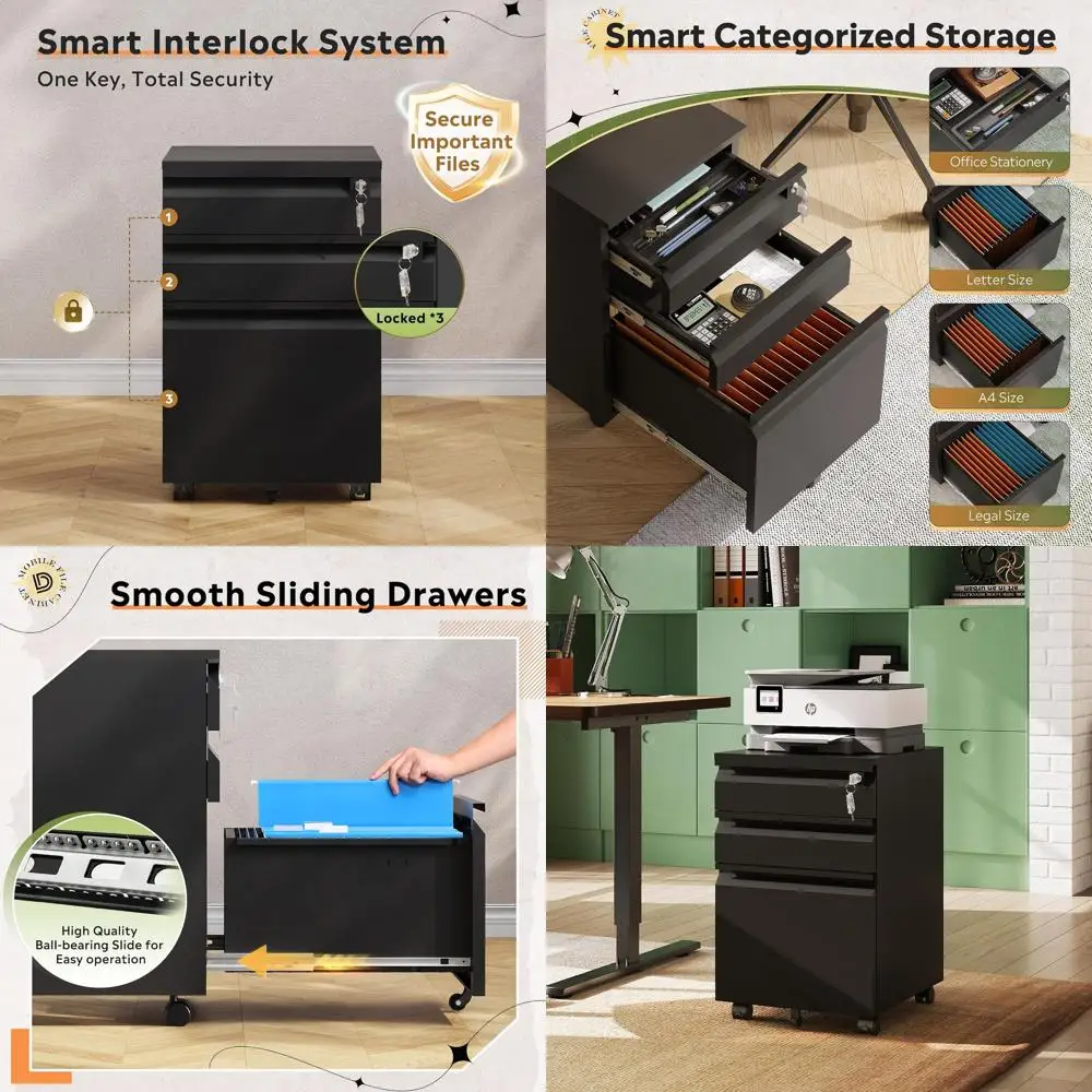 

Металлический шкаф для документов с замком, мобильный, для хранения под столом, подходит для документов формата Legal/A4, черный