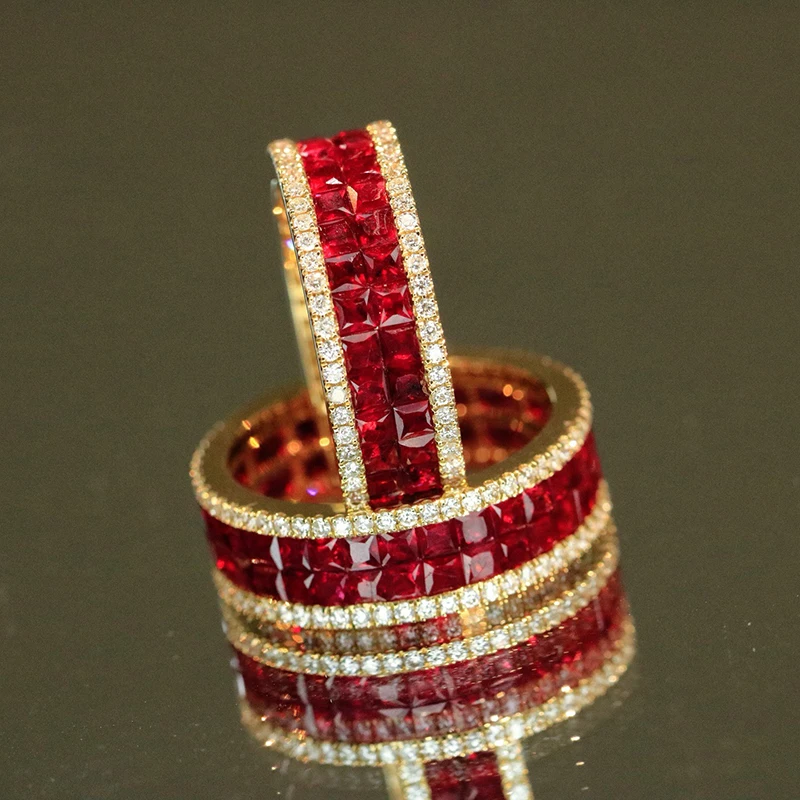 KUGG 100% 18K Yellow Gold Rings Luxury Fashion Design Shiny Diamond Natural Ruby Ring for Women Wedding High Party Jewelry