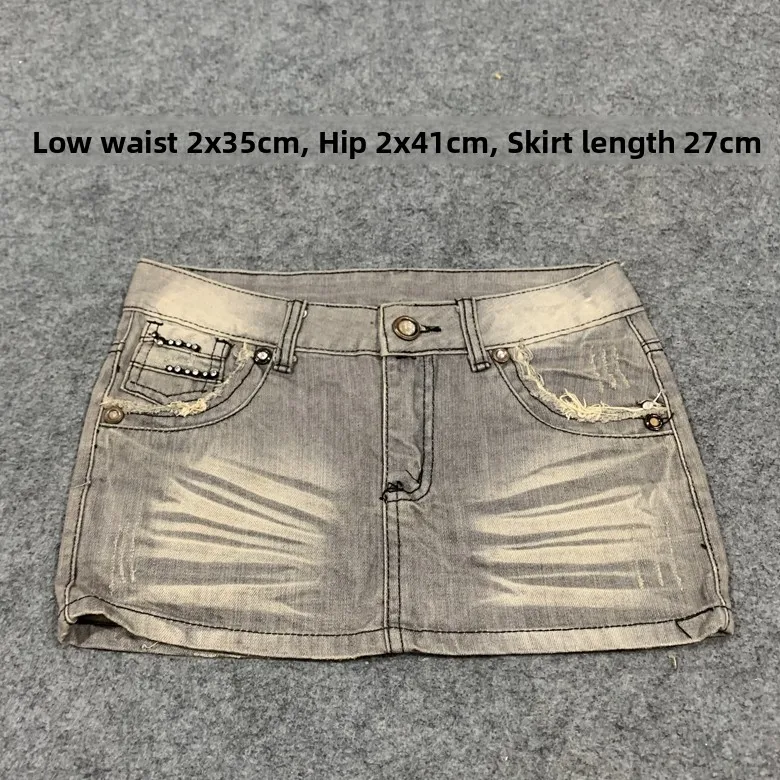 

Retro Low Waist Vintage Denim ort Skirt with Water Wave Hippie Punk Subculture Design Bodycon Skirt for Young Women