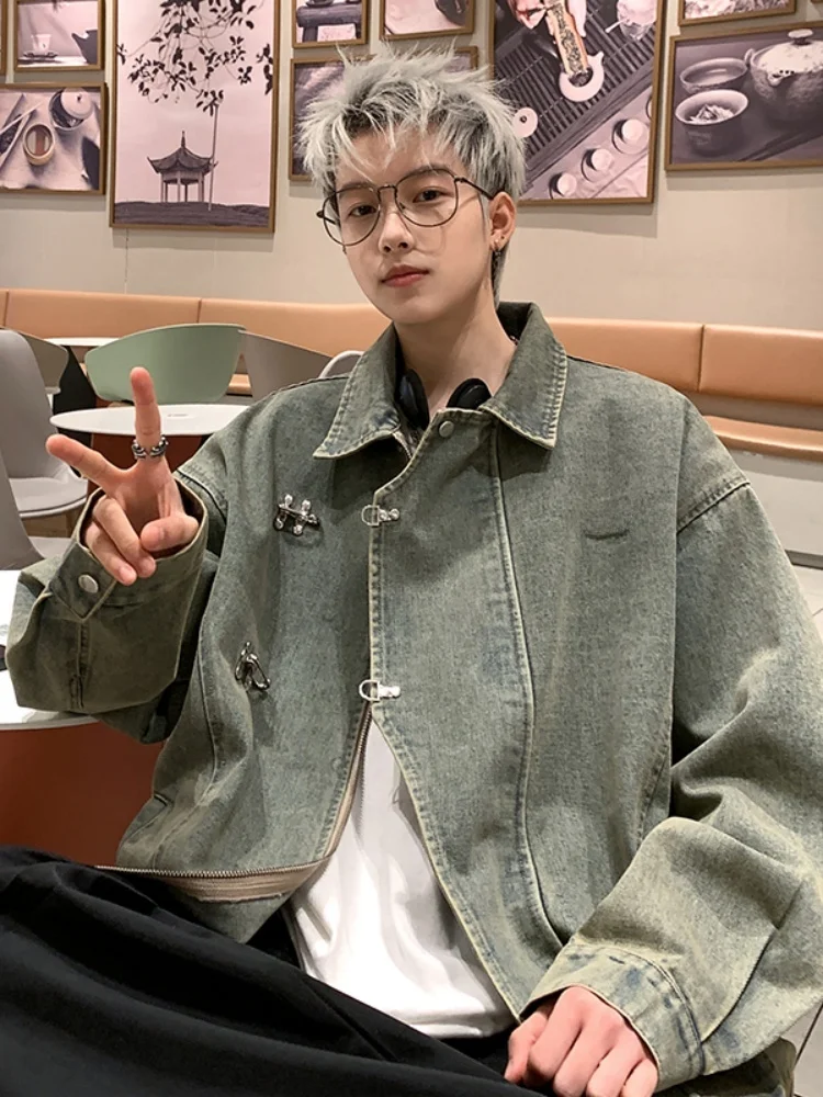 

Металлическая джинсовая куртка Aircrt Bule для мужчин, осень 2024, новая, в американском ретро-стиле, повседневная, свободного кроя, молодежная, трендовая