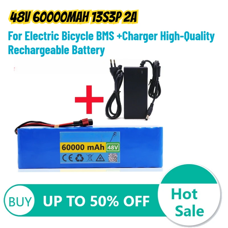 

48V 60000mAh 13S3P 2A Lithium-ion Battery for Electric Bicycle BMS +Charger High-Quality Rechargeable Battery