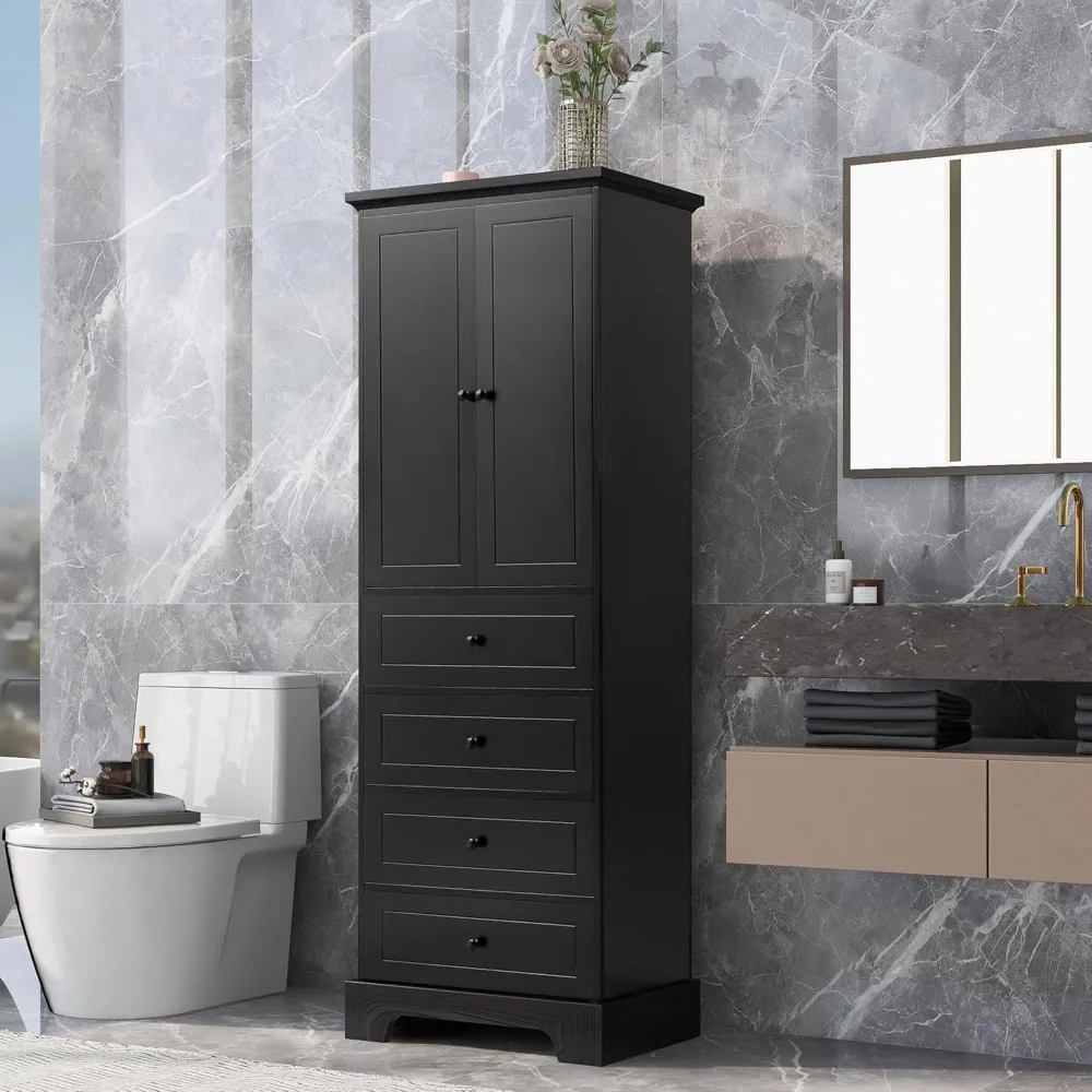 High bathroom locker with 2 doors and 4 drawers, free-standing floor cabinet with adjustable shelves, large wood linen cabinet